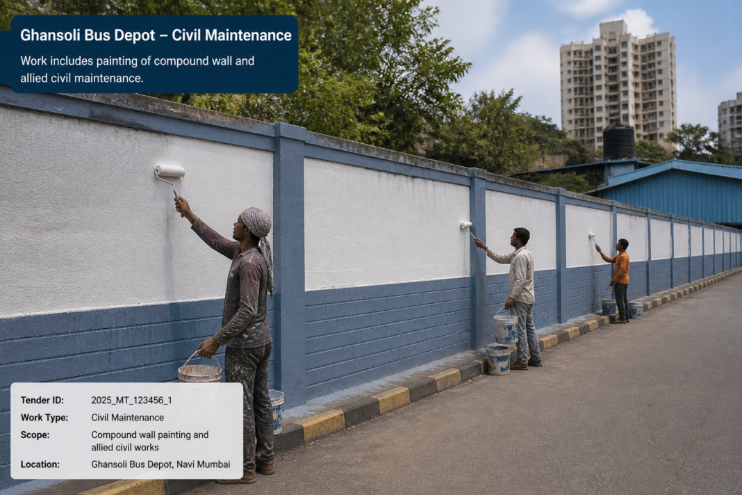 Painting work underway at Ghansoli Bus Depot compound wall in Navi Mumbai representing government civil maintenance tender