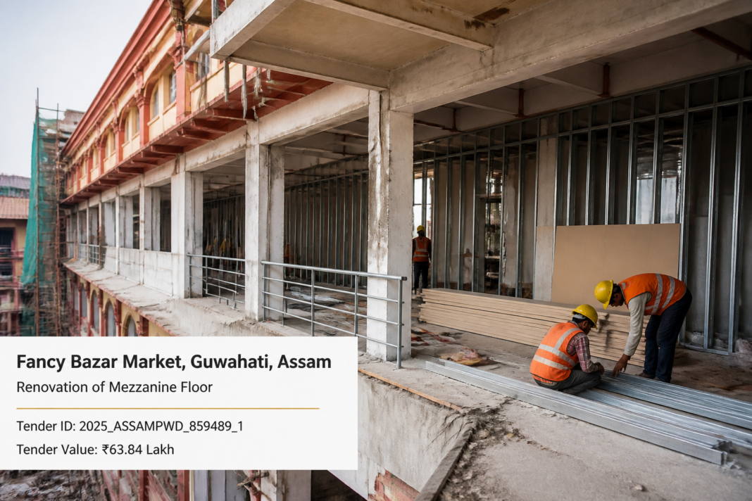 Renovation work on the mezzanine floor of Fancy Bazar Market building in Guwahati, Assam