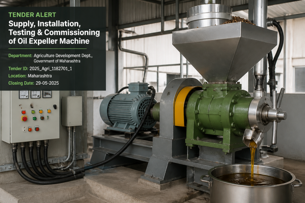 Oil mill expeller machine being installed in Maharashtra agricultural facility representing supply and commissioning tender