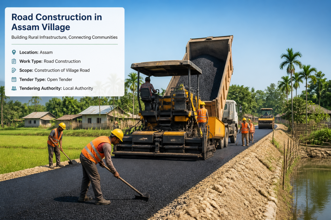 Road construction in rural Assam village showing workers and machinery building a new village road under government tender