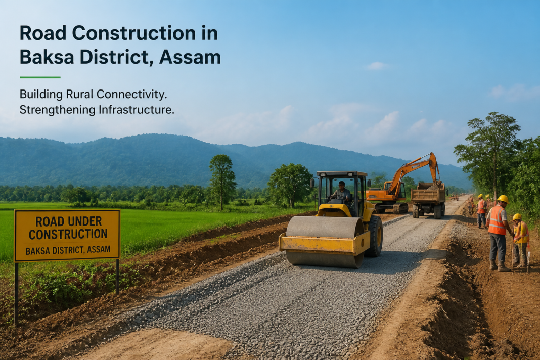 Road construction work in progress in Baksa District, Assam, showing heavy machinery and rural surroundings