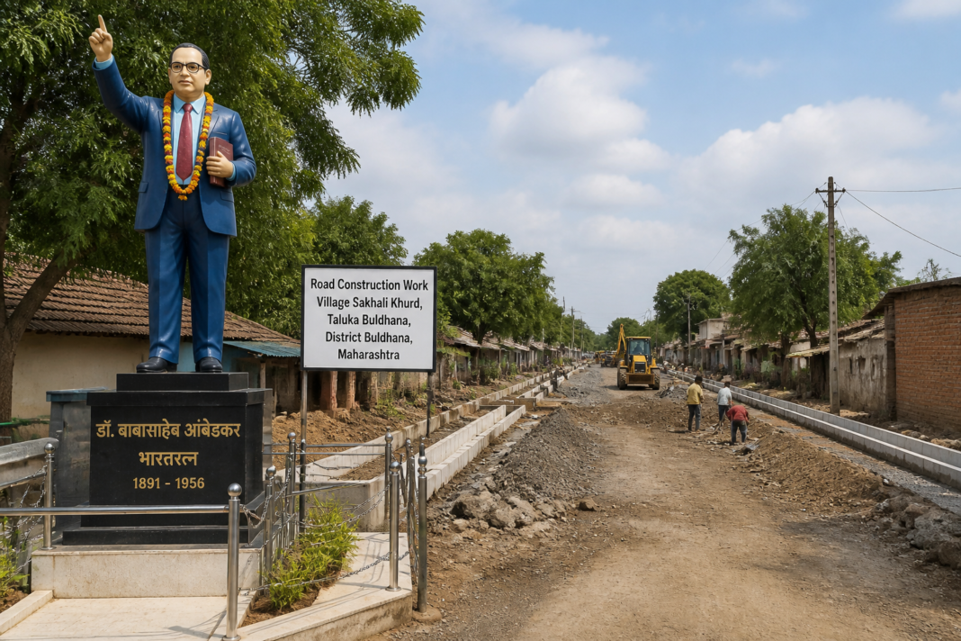 Rural road construction and Dr. Babasaheb Ambedkar statue in Sakhali Khurd Maharashtra showcasing civil works tender project