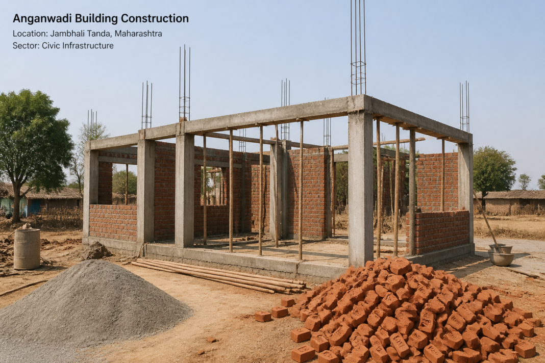 Construction site of Anganwadi building in rural Jambhali Tanda Maharashtra under government tender