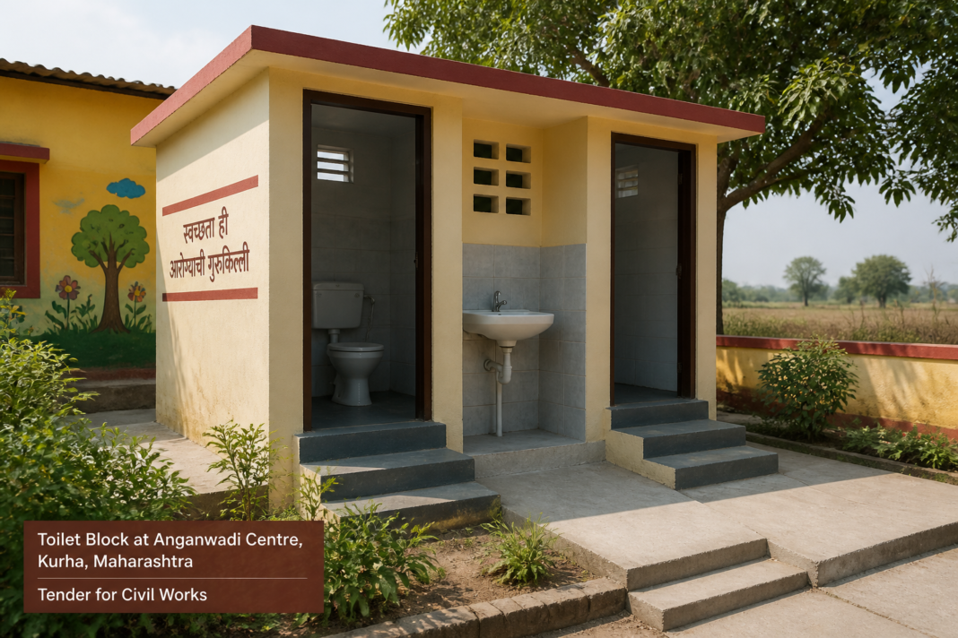 Toilet block at Anganwadi centre in Kurha, Maharashtra needing repair under government civil works tender