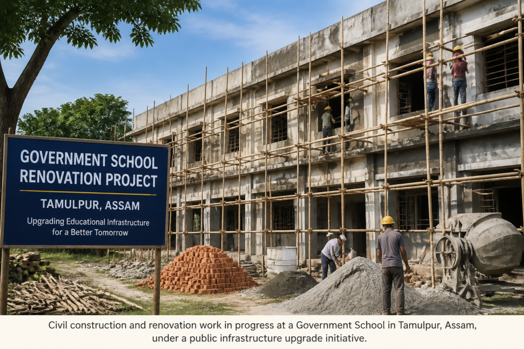 School building renovation work with scaffolding and workers at Daoganbari BM High School in Tamulpur, Assam