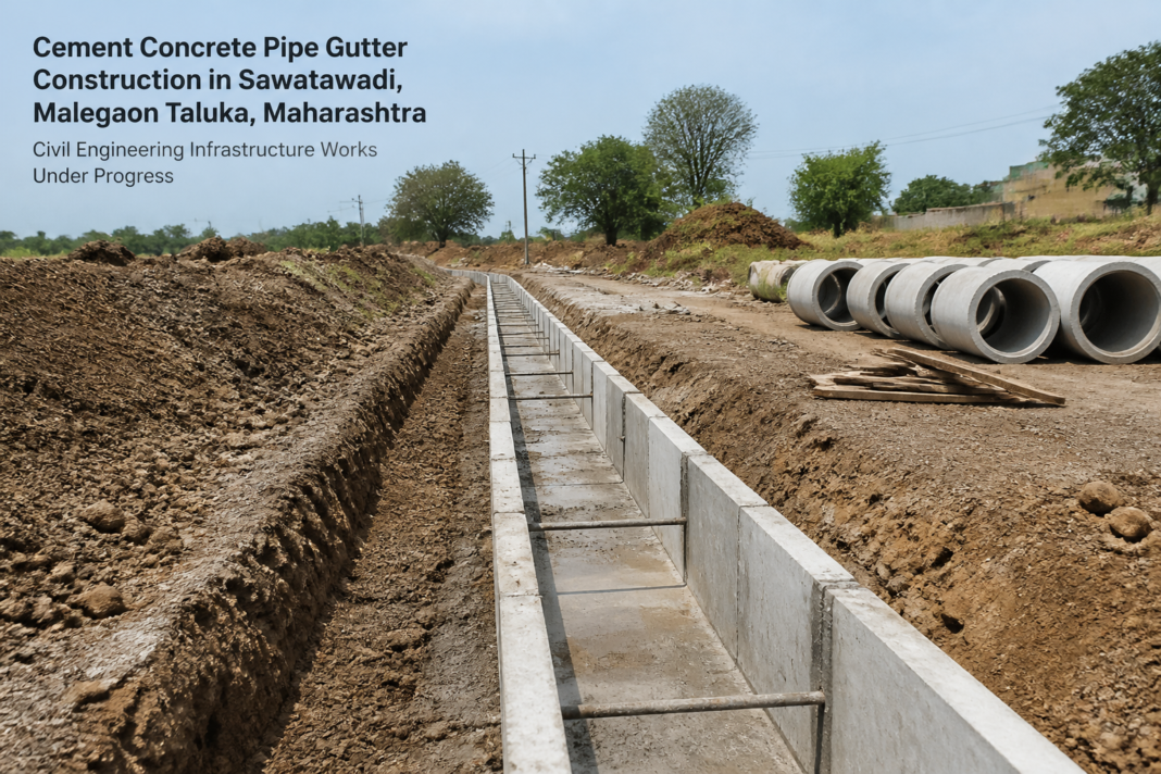 Construction site showing cement concrete pipe gutter works in Sawatawadi, Maharashtra