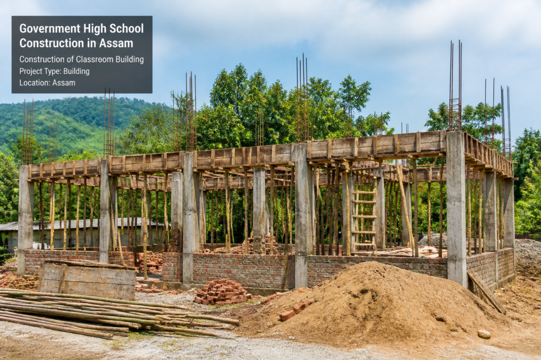 Construction site of additional classrooms at a government high school in Assam under a rural development scheme