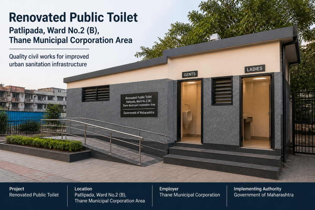 Renovated public toilet facility at Patlipada, Ward No.2 (B), Thane Municipality showcasing civil works improvement by Government of Maharashtra