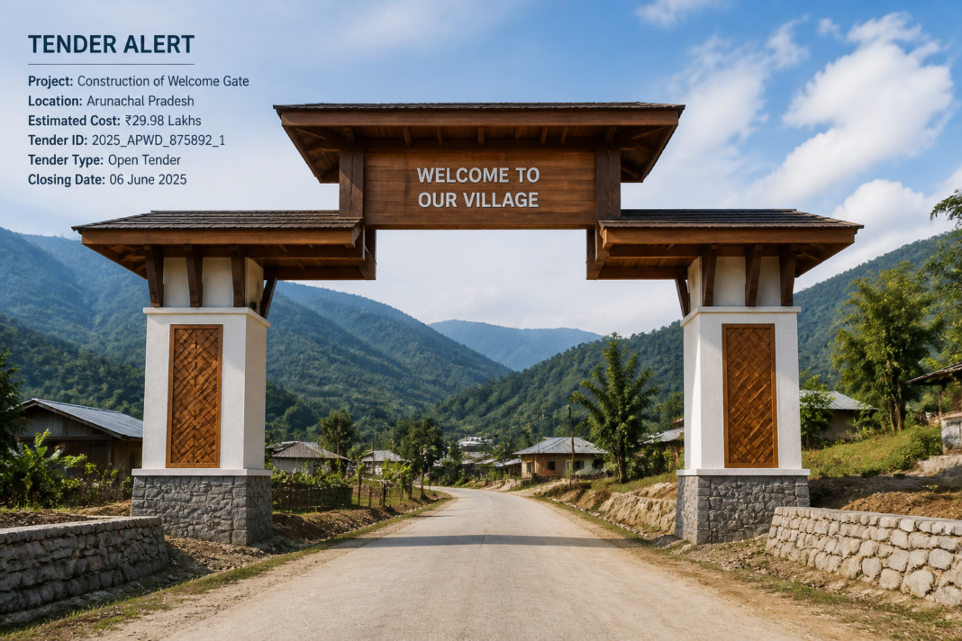 Welcome Gate construction project in Hone Village Arunachal Pradesh showing rural civil infrastructure development