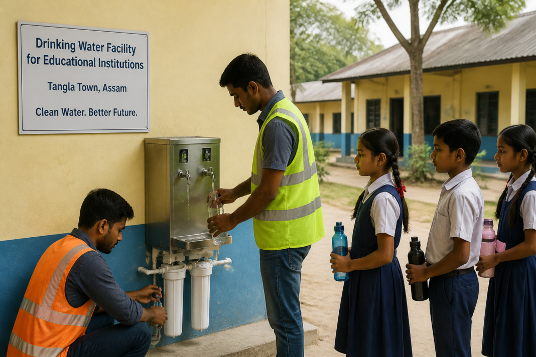 Installation of drinking water facilities at educational institutions in Tangla Town, Assam, showing water dispenser and school buildings