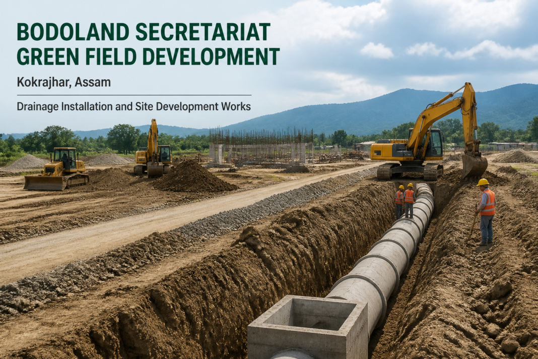 Construction site showing earth filling and drainage system works for Bodoland Secretariat development in Kokrajhar, Assam