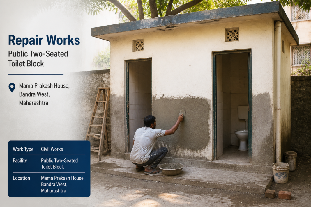 Image showing repair work on a two-seated public toilet block at Mama Prakash House, Bandra West