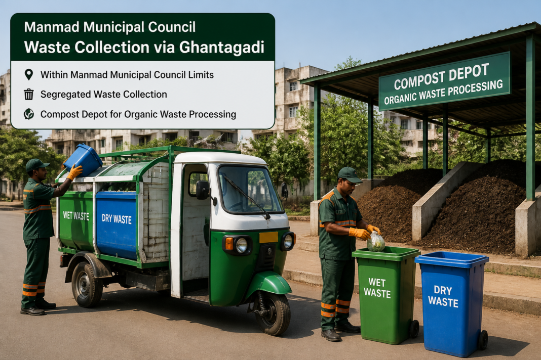Ghantagadi vehicle collecting classified household waste within Manmad Municipal Council limits for compost depot delivery