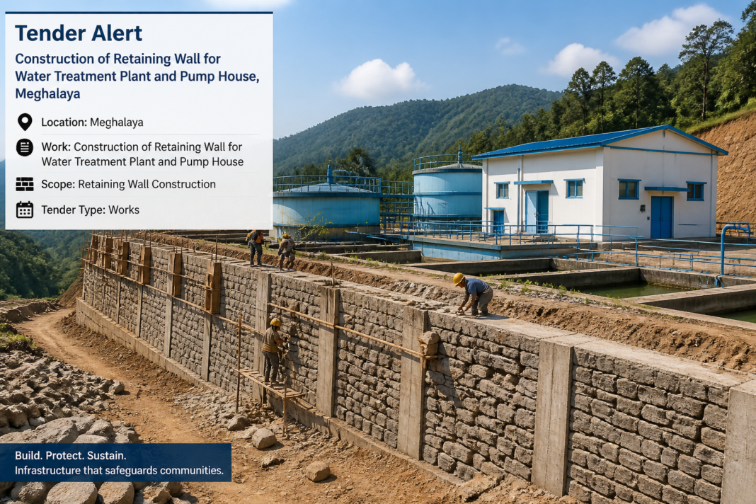 Retaining wall construction work protecting water supply infrastructure in Khliehrangnah, Meghalaya