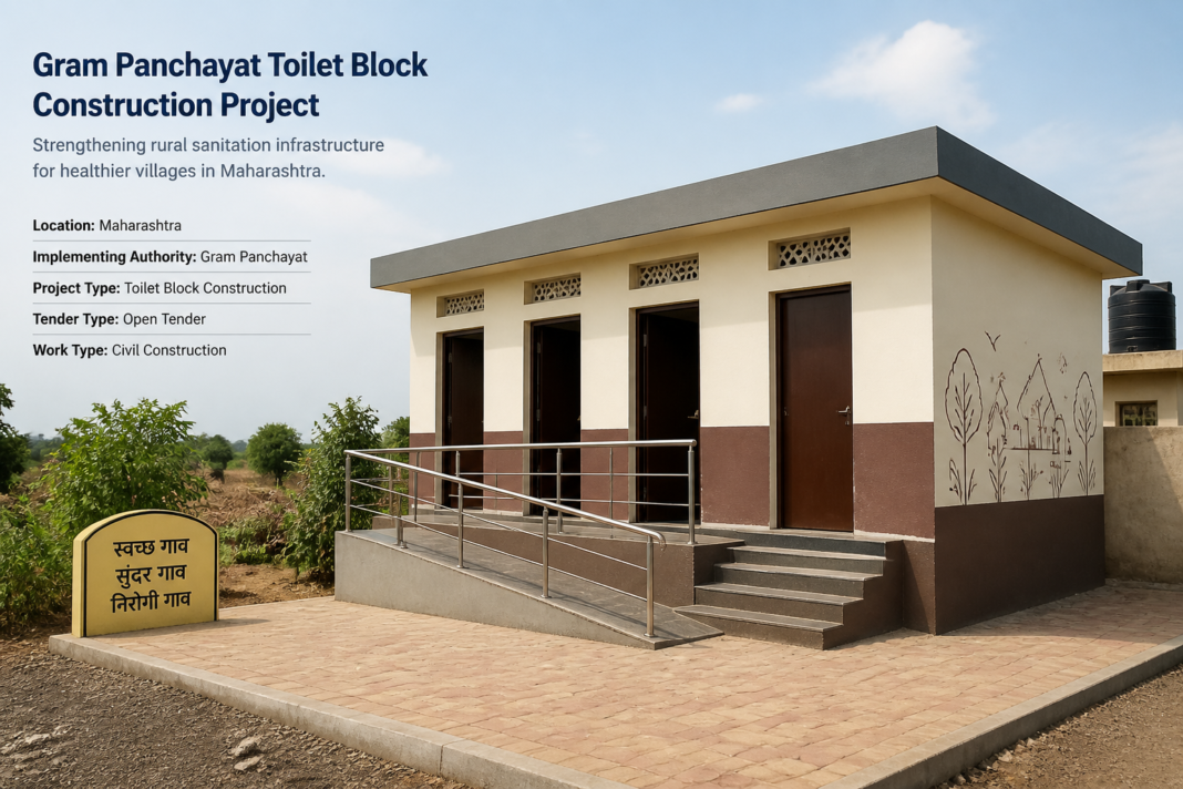 Toilet block construction at village Gram Panchayat site in Maharashtra representing rural sanitation infrastructure tender