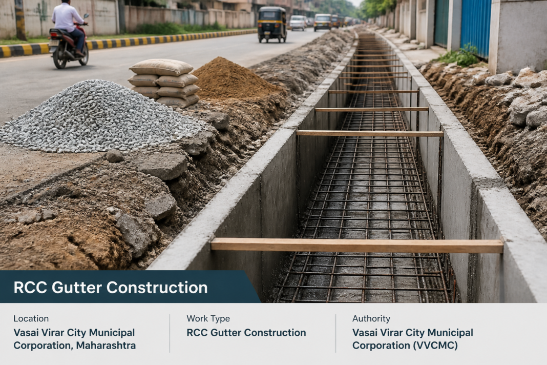 RCC gutter construction site showing concrete drainage infrastructure in Vasai Virar City Municipal Corporation Maharashtra