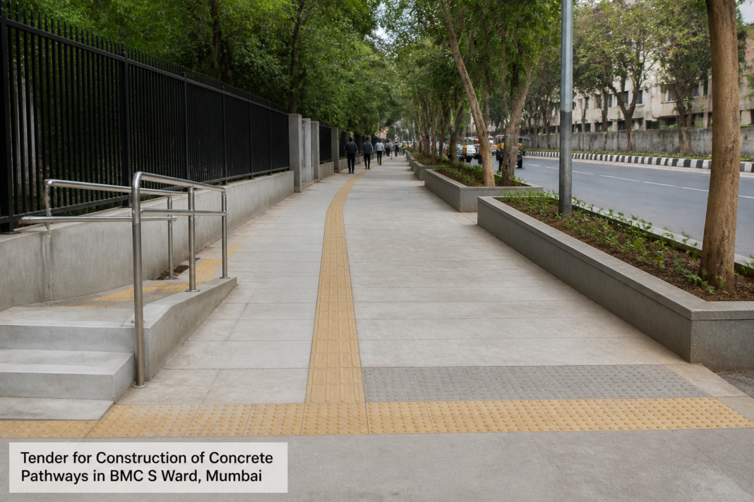 Urban pathway improvement project in Mumbai's BMC S Ward, showing smooth pedestrian walkway and municipal infrastructure
