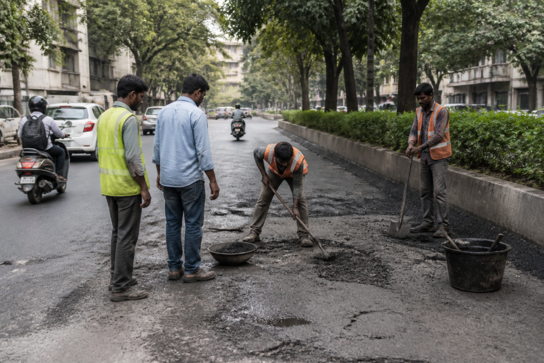 Pune road pothole repairs being carried out by municipal road-maintenance teams