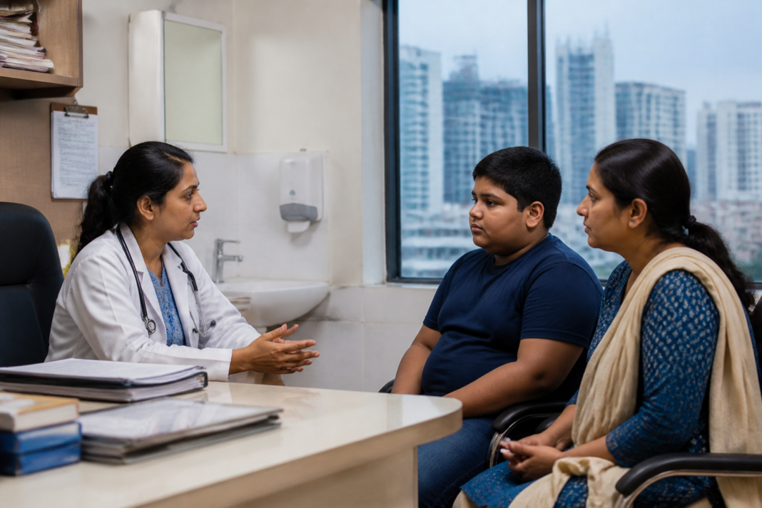 Childhood obesity treatment India represented by a paediatric healthcare consultation in an urban clinic
