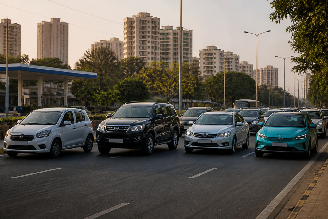CAFE III norms represented by Indian cars and an electric vehicle on an urban road