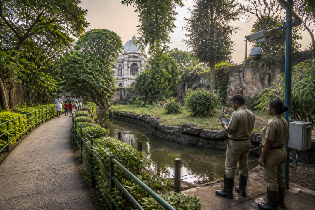 Alipore Zoo naturalistic enclosure and visitor walkway in Kolkata