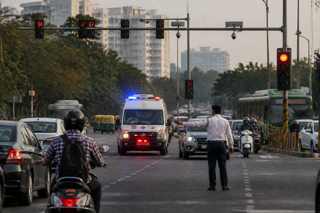 Delhi intelligent traffic management system managing traffic at a busy urban intersection
