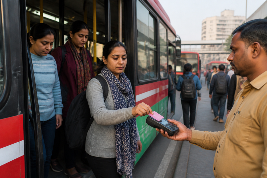 Delhi bus passengers using the Pink Saheli smart card for free travel