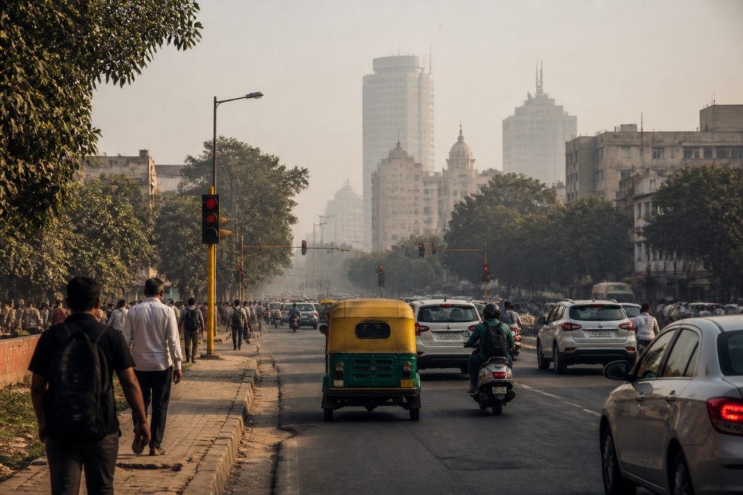 Delhi weather forecast showing a dry, sunny cityscape with hazy skies and urban pollution.