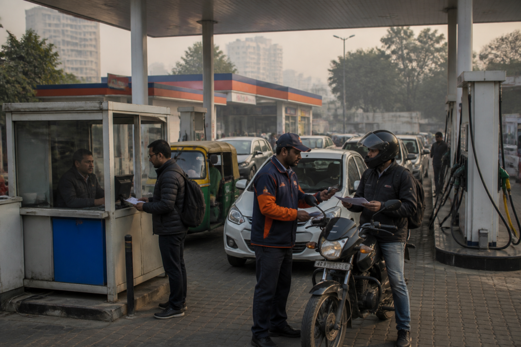 Delhi-NCR PUC rule displayed at a fuel station as vehicles queue for emissions checks