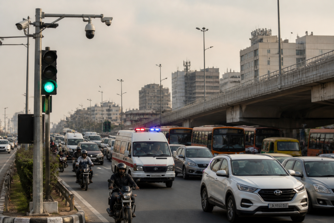 Delhi intelligent traffic management system cameras monitoring a busy city road