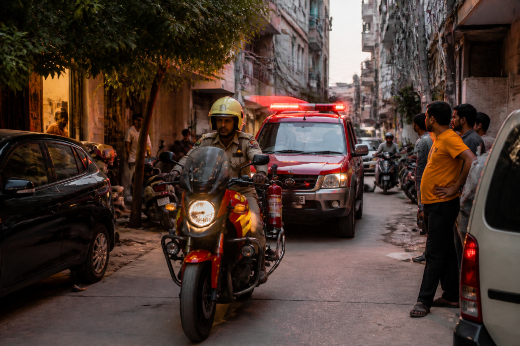 Delhi Fire Service response motorcycle and Quick Response Vehicle for narrow urban lanes