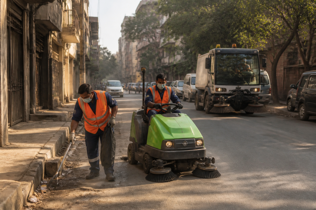 Delhi litter-picking machines and sanitation workers cleaning an urban street