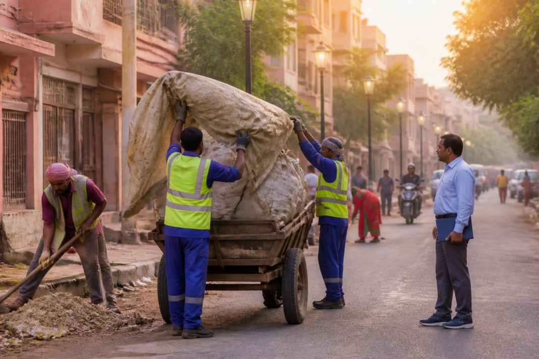 Jaipur civic services workers cleaning a public street near residential areas.
