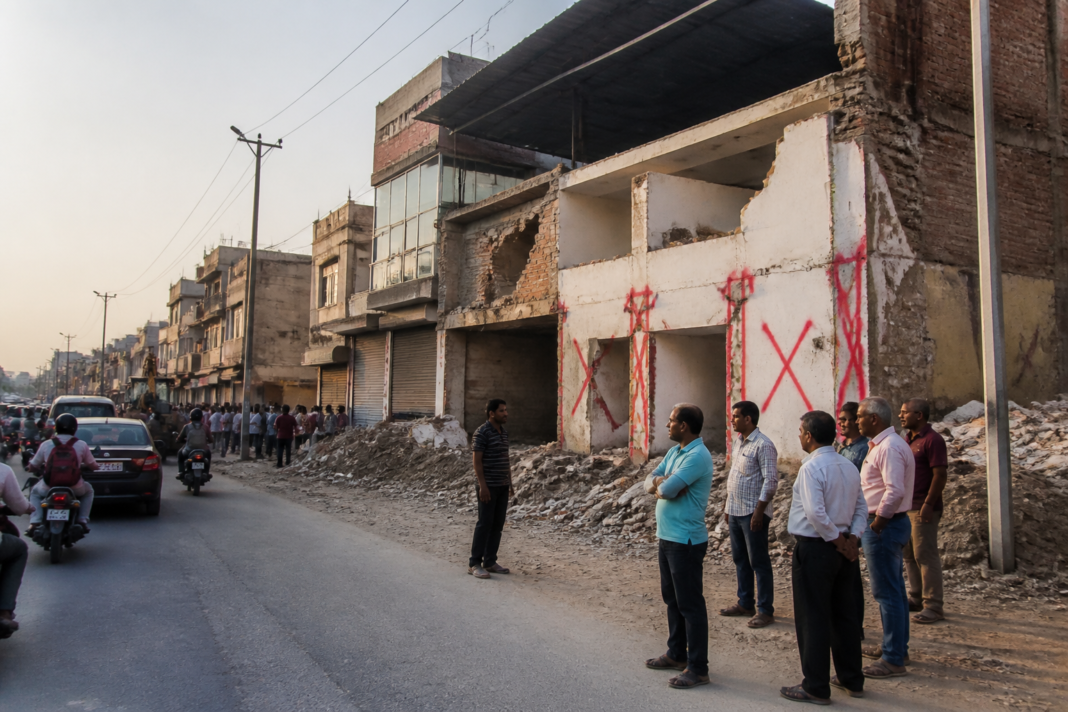 New Sanganer Road demolition dispute involving homes and shops marked for road widening in Jaipur