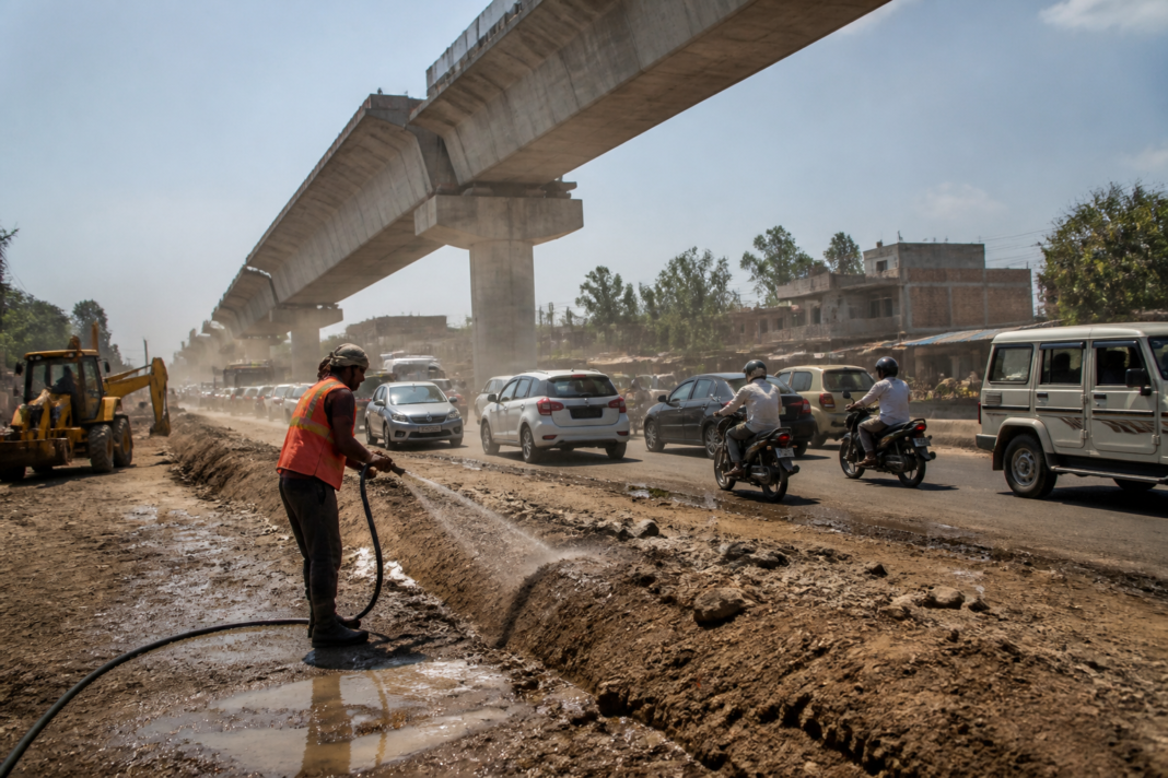 NH-33 Jamshedpur road with potholes, dust and elevated corridor construction traffic