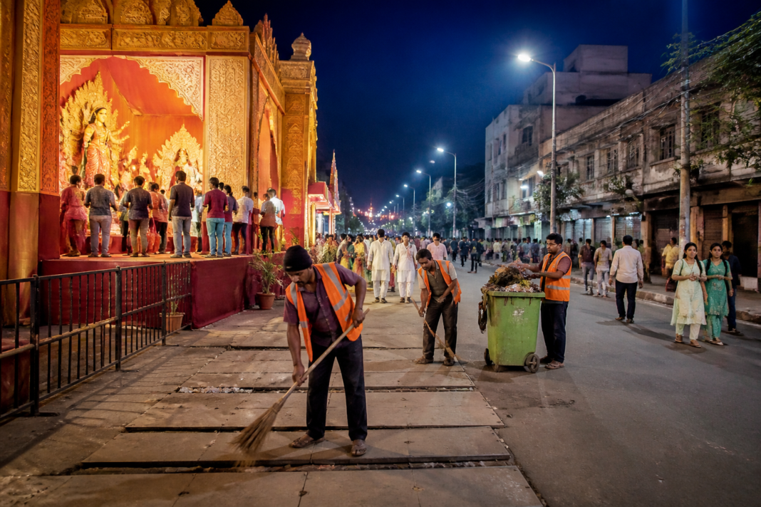 Ranchi Durga Puja civic management around a decorated pandal with street lighting and sanitation workers