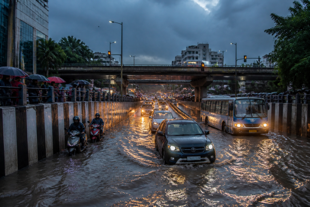 Bengaluru rain flooding leaves a city road and underpass waterlogged, disrupting traffic.