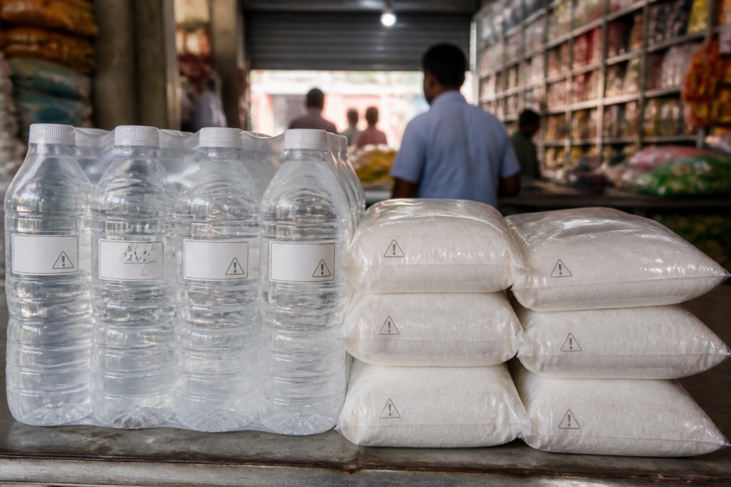 Microplastic warning labels on PET bottled water in an Indian retail setting