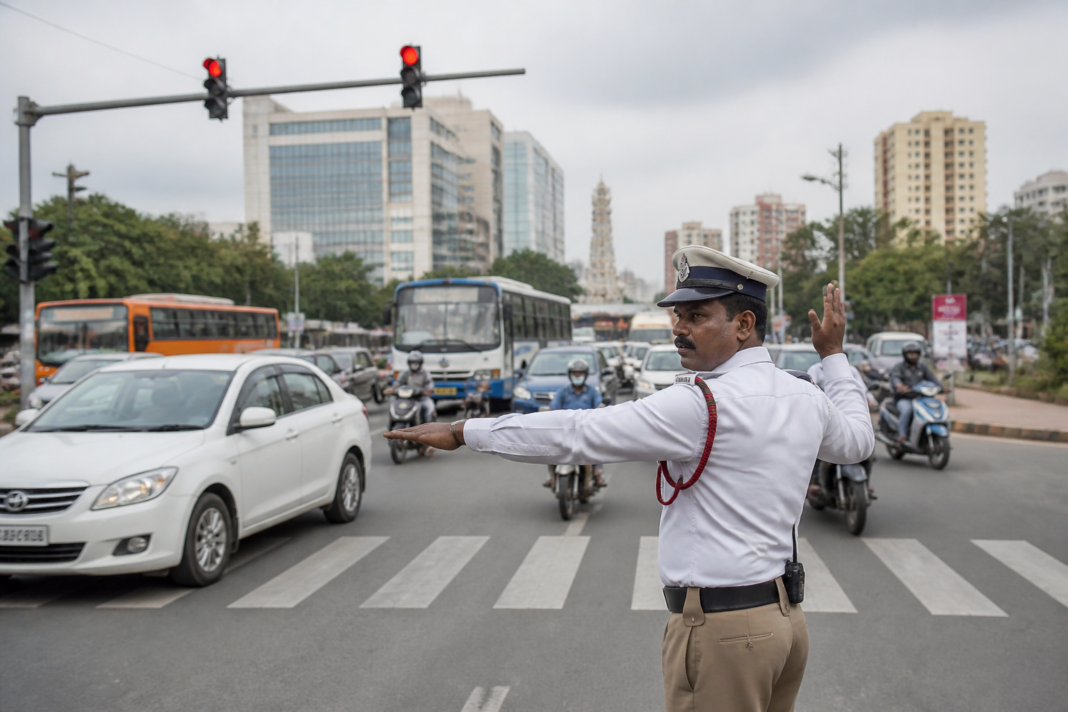 Bengaluru traffic police managing a busy junction amid proposed higher traffic fines