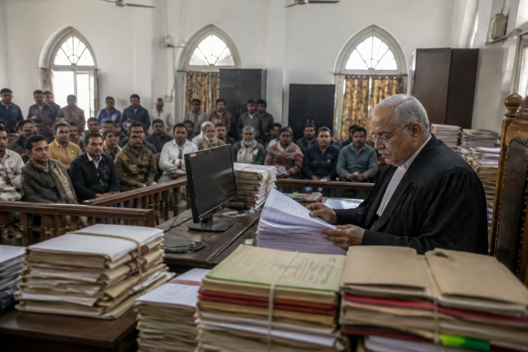 Bengal voter appeal backlog represented by a tribunal hearing room and stacks of electoral-roll case files