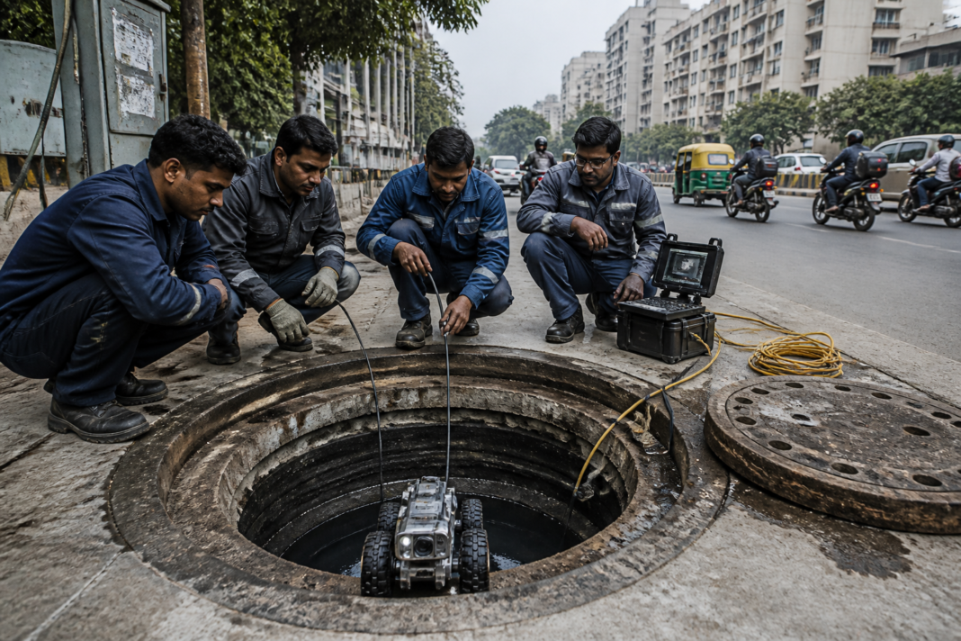 Delhi sewer overhaul with workers inspecting urban drainage infrastructure