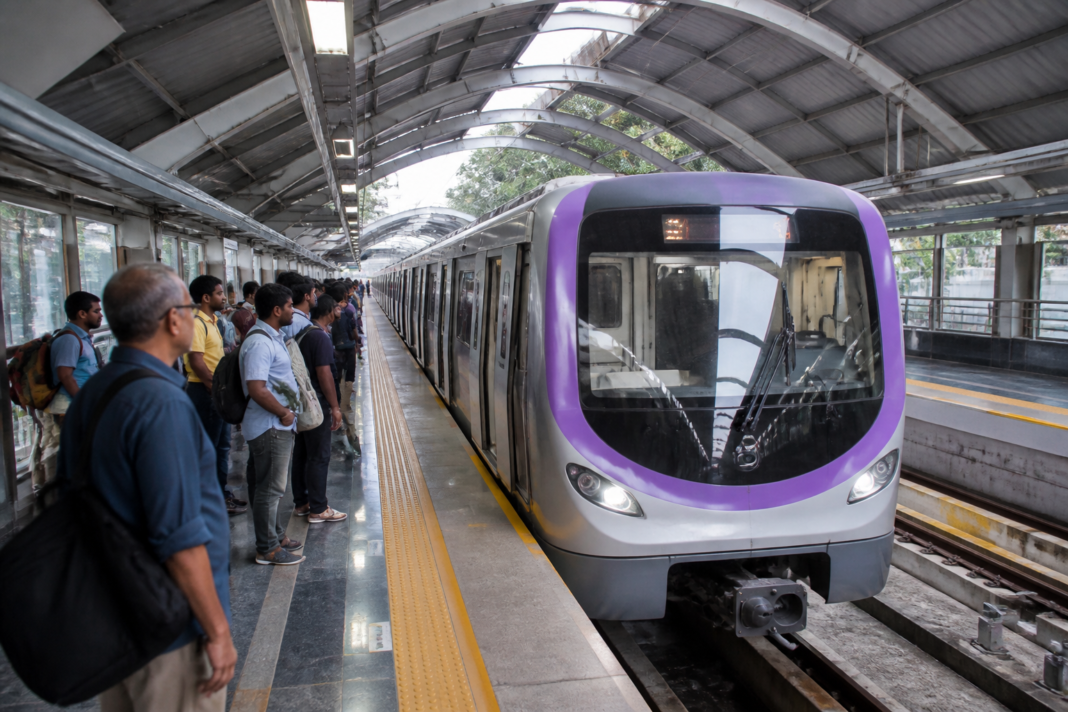 Kolkata Metro train operating on a city route during a Gandhi Jayanti holiday schedule