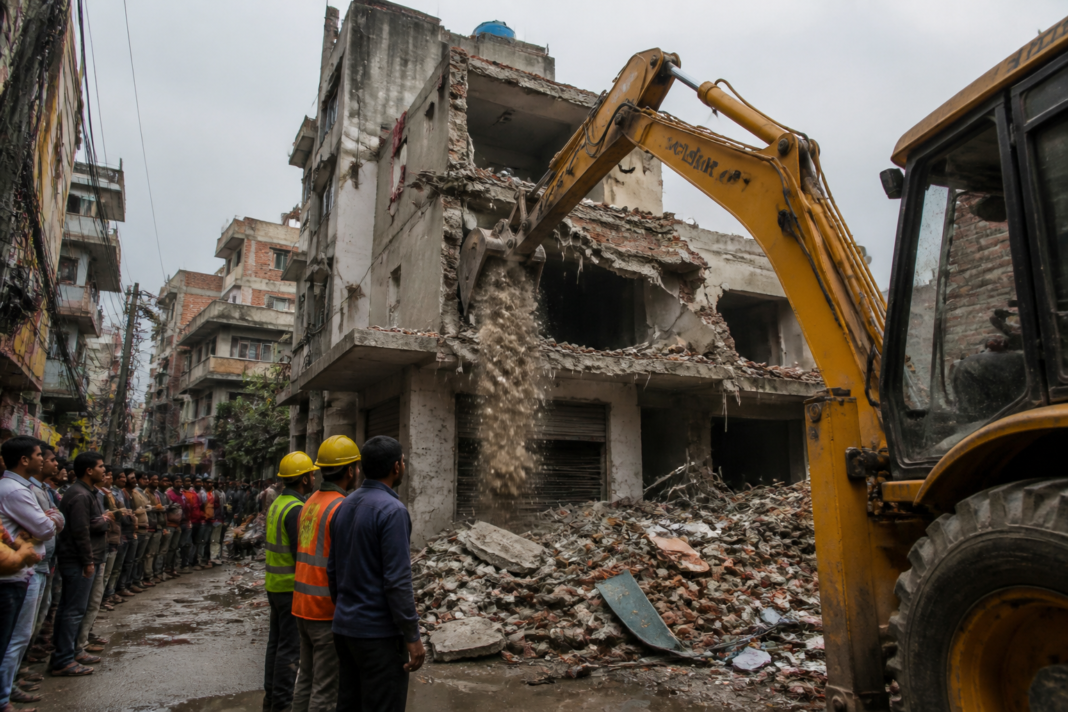 MCD demolition drive targeting an unauthorised structure in a dense Delhi neighbourhood