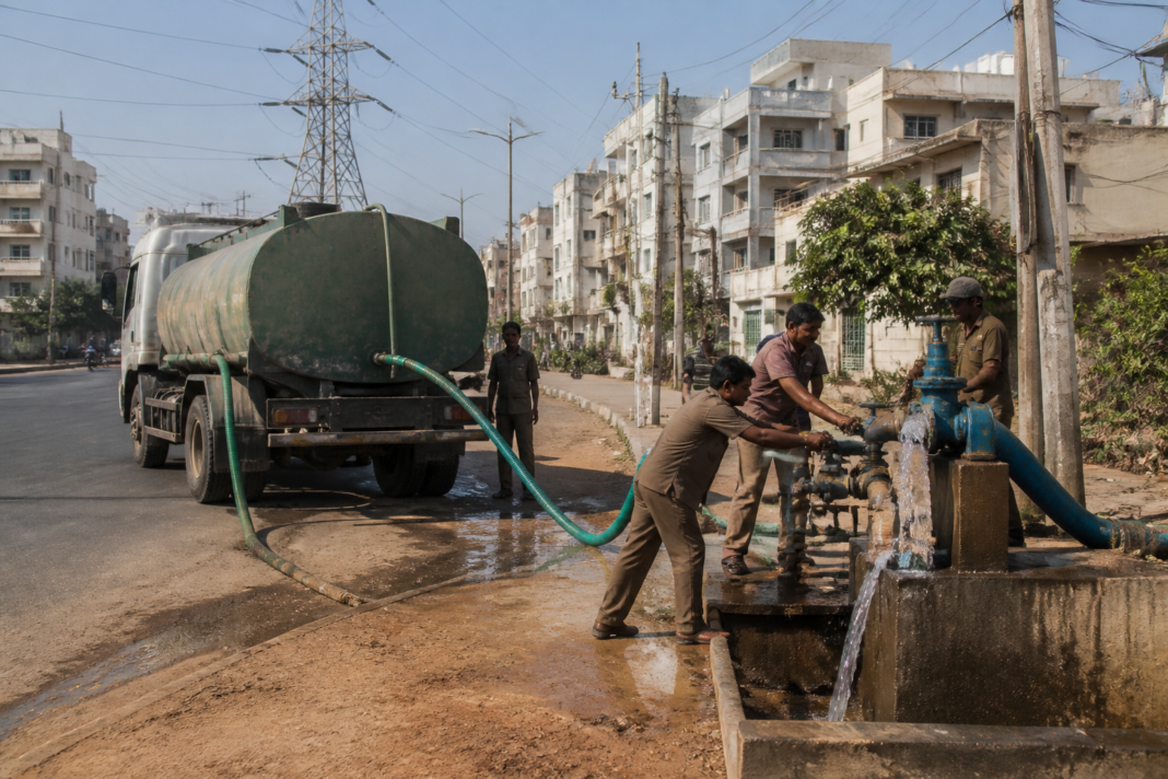 Hyderabad water supply infrastructure and a municipal tanker operating on a city road