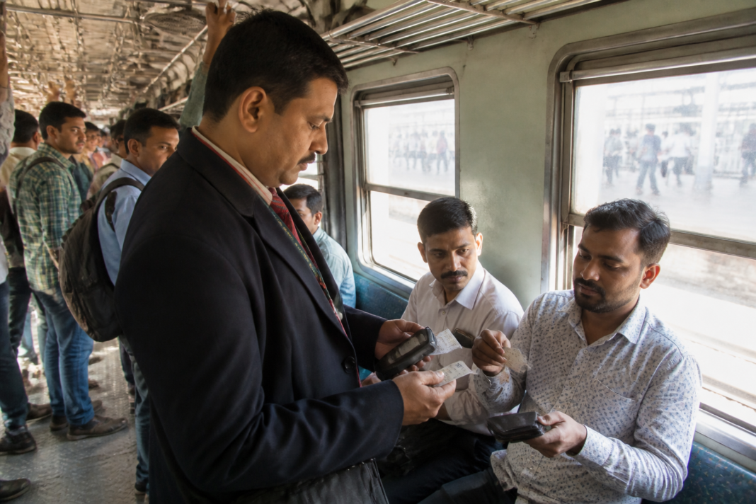 Central Railway ticket checking drive with a TTE inspecting passengers’ tickets at a station