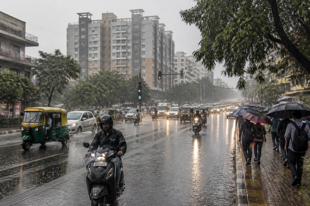 Heavy rain on a Bengaluru road during a widespread rainfall event