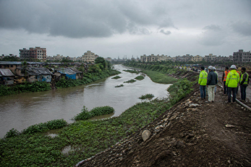 Indrayani floodplain near Pimpri-Chinchwad with residential construction along the riverbank