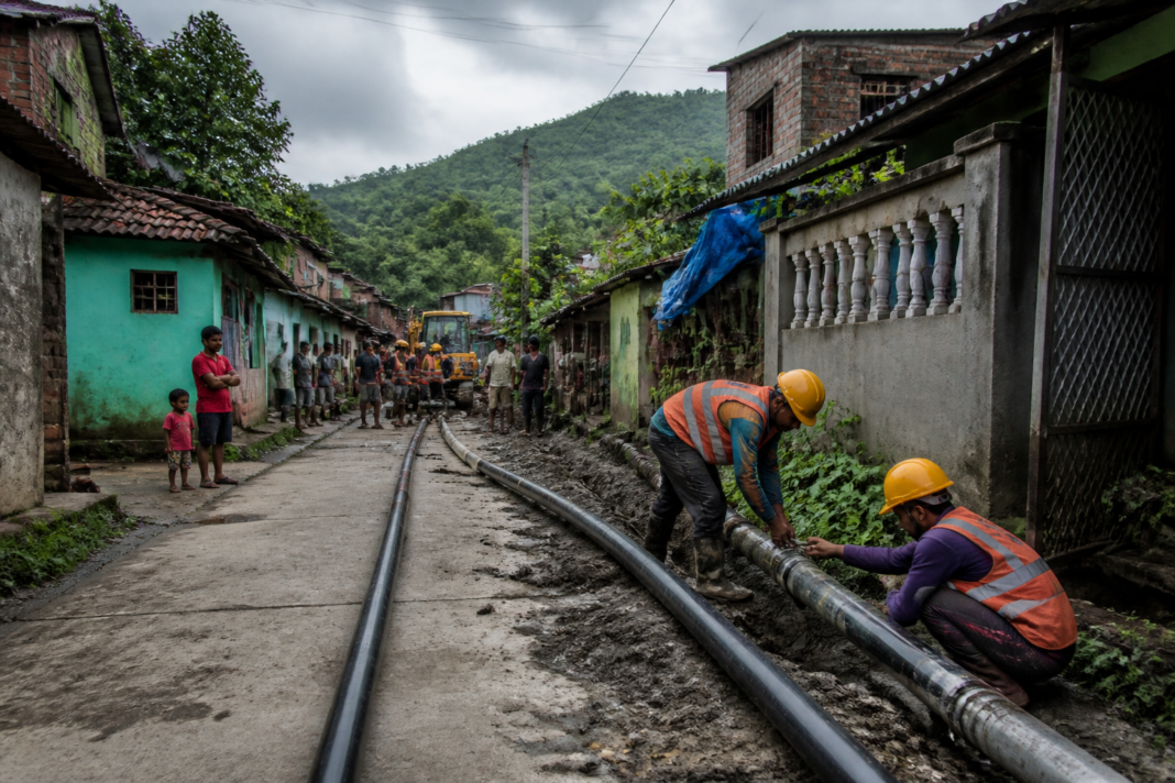 Vasai-Virar water pipeline project serving a dense settlement near tribal hamlets