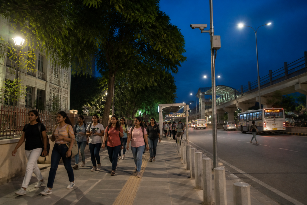 Delhi women's safety measures around a college road with streetlights and students walking