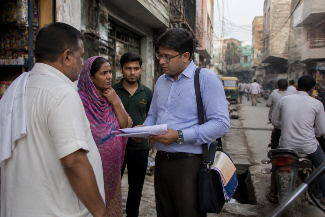 Delhi SIR officer conducting voter verification in a congested Sarai Kale Khan neighbourhood